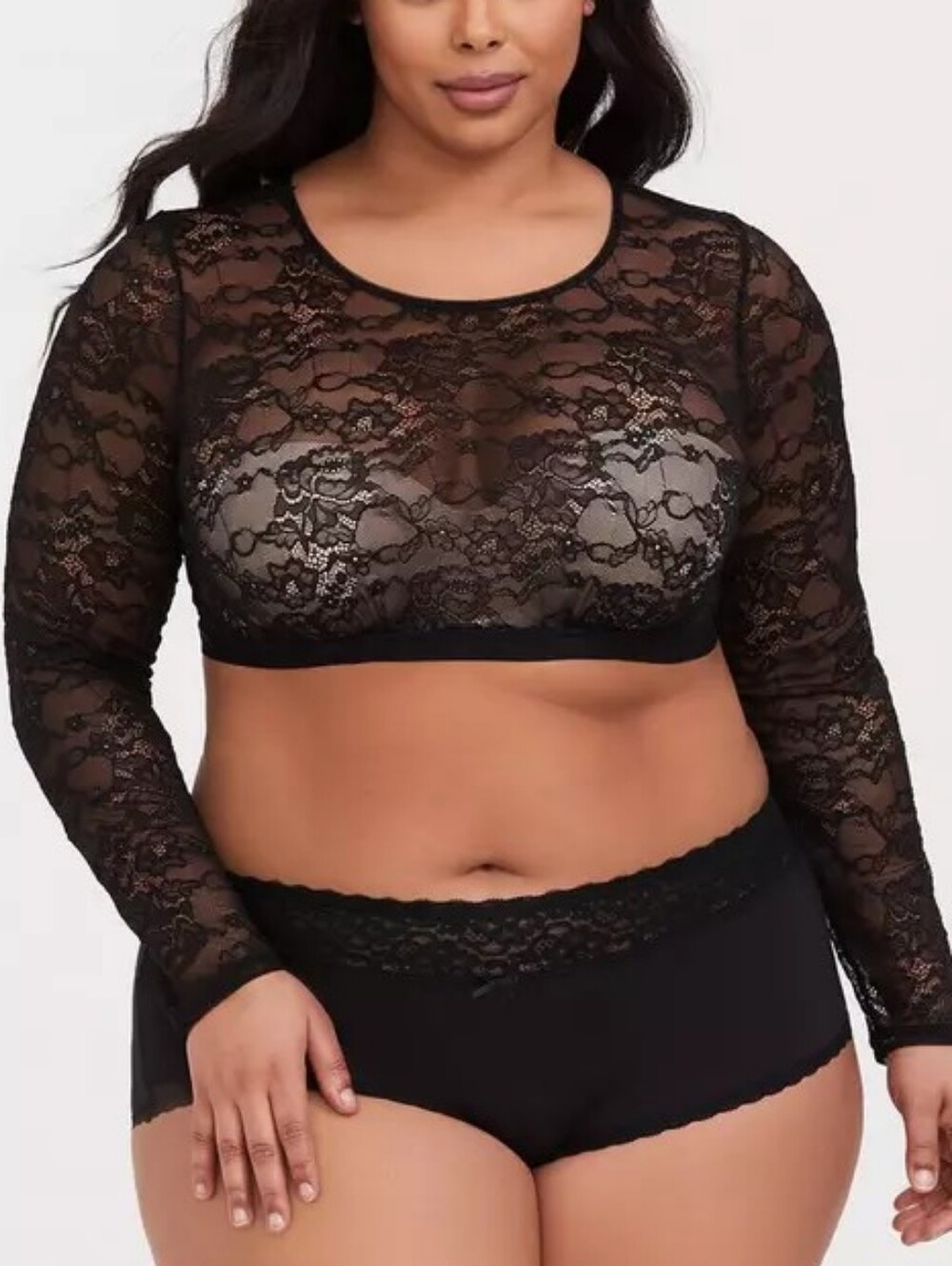 Torrid Black Sheer Floral Lace Long-Sleeve Crop Top